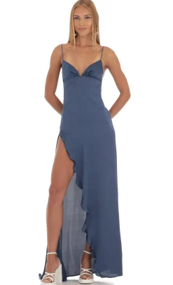 LUCY IN THE SKY Maxi Dresses^Satin Ruffle Maxi Dress In Blue