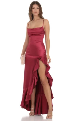 LUCY IN THE SKY Maxi Dresses^Satin Ruffle Maxi Dress In Maroon