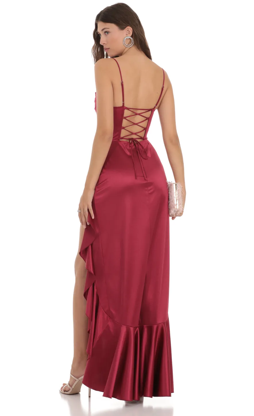 LUCY IN THE SKY Maxi Dresses^Satin Ruffle Maxi Dress In Maroon