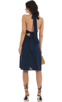 LUCY IN THE SKY Midi Dresses^Satin Ruffle Slit Dress In Navy