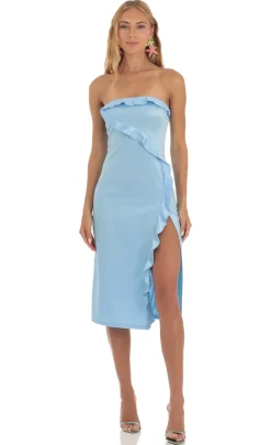 LUCY IN THE SKY Midi Dresses^Satin Strapless Midi Dress In Blue