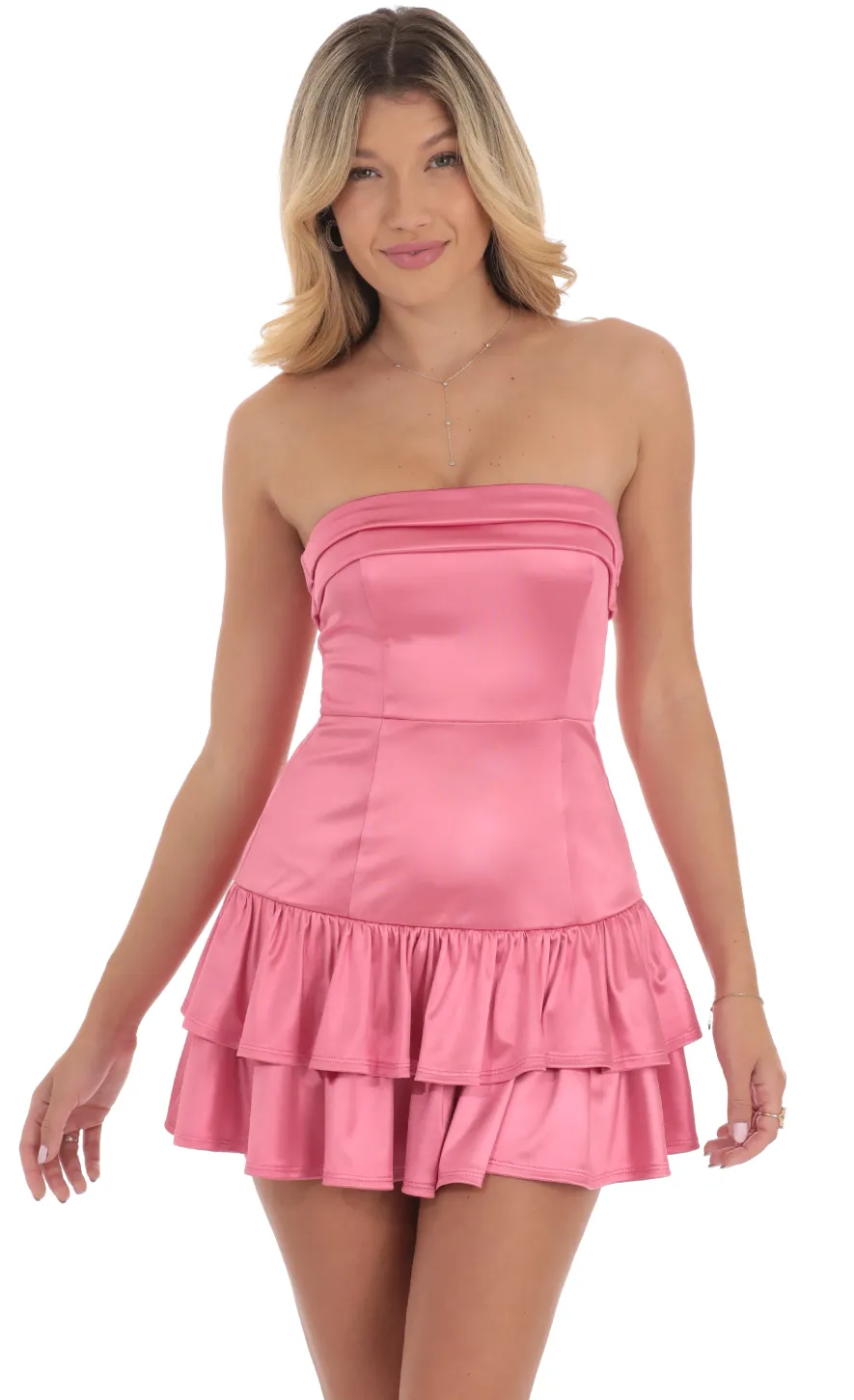 LUCY IN THE SKY Mini Dresses^Satin Strapless Ruffle Dress In Pink
