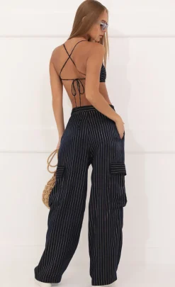 LUCY IN THE SKY Two-Piece Sets|Pants^Satin Striped Two Piece Set In Navy