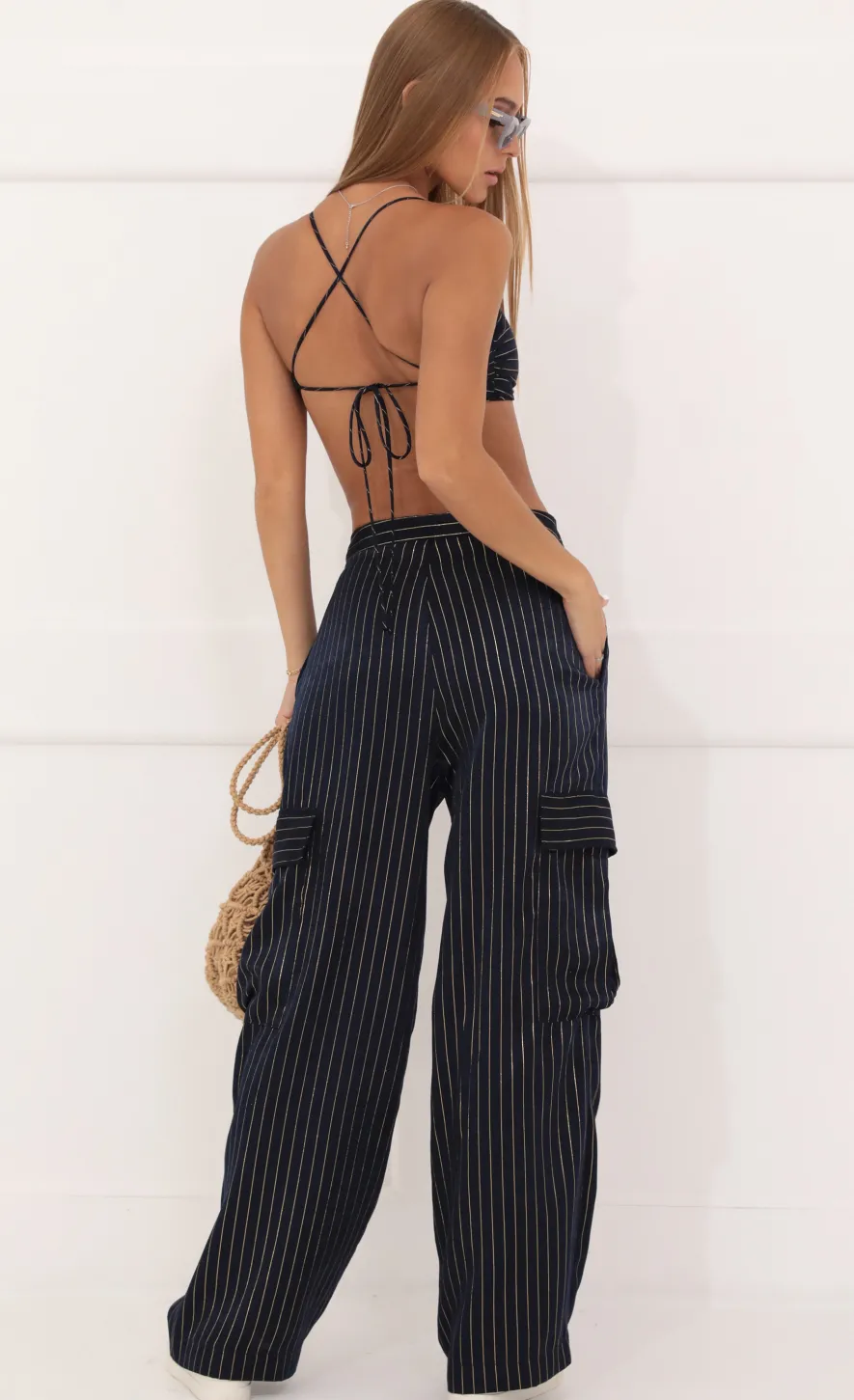 LUCY IN THE SKY Two-Piece Sets|Pants^Satin Striped Two Piece Set In Navy