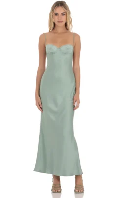 LUCY IN THE SKY Maxi Dresses^Satin Sweetheart Neck Maxi Dress In Sage Green