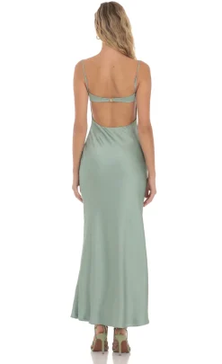 LUCY IN THE SKY Maxi Dresses^Satin Sweetheart Neck Maxi Dress In Sage Green