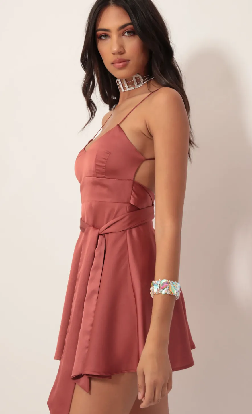 LUCY IN THE SKY Mini Dresses^Satin Tie A-line Dress In Rust