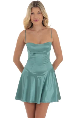 LUCY IN THE SKY Mini Dresses^Satin V-Drop Waist Dress In Slate Green