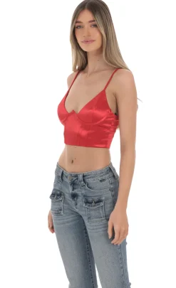 LUCY IN THE SKY Tops^Satin V-Neck Crop Top In Red