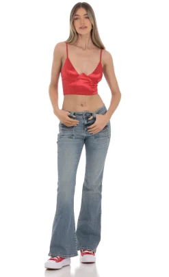 LUCY IN THE SKY Tops^Satin V-Neck Crop Top In Red
