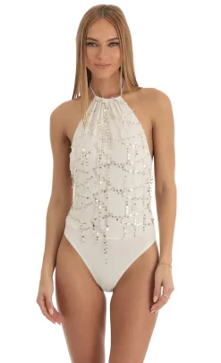 LUCY IN THE SKY Tops|Bodysuits^Sequin Bodysuit In Ivory