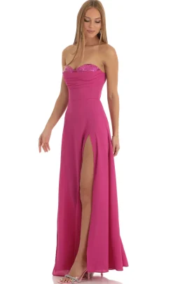 LUCY IN THE SKY Maxi Dresses^Sequin Bust Crepe Maxi Dress In Hot Pink