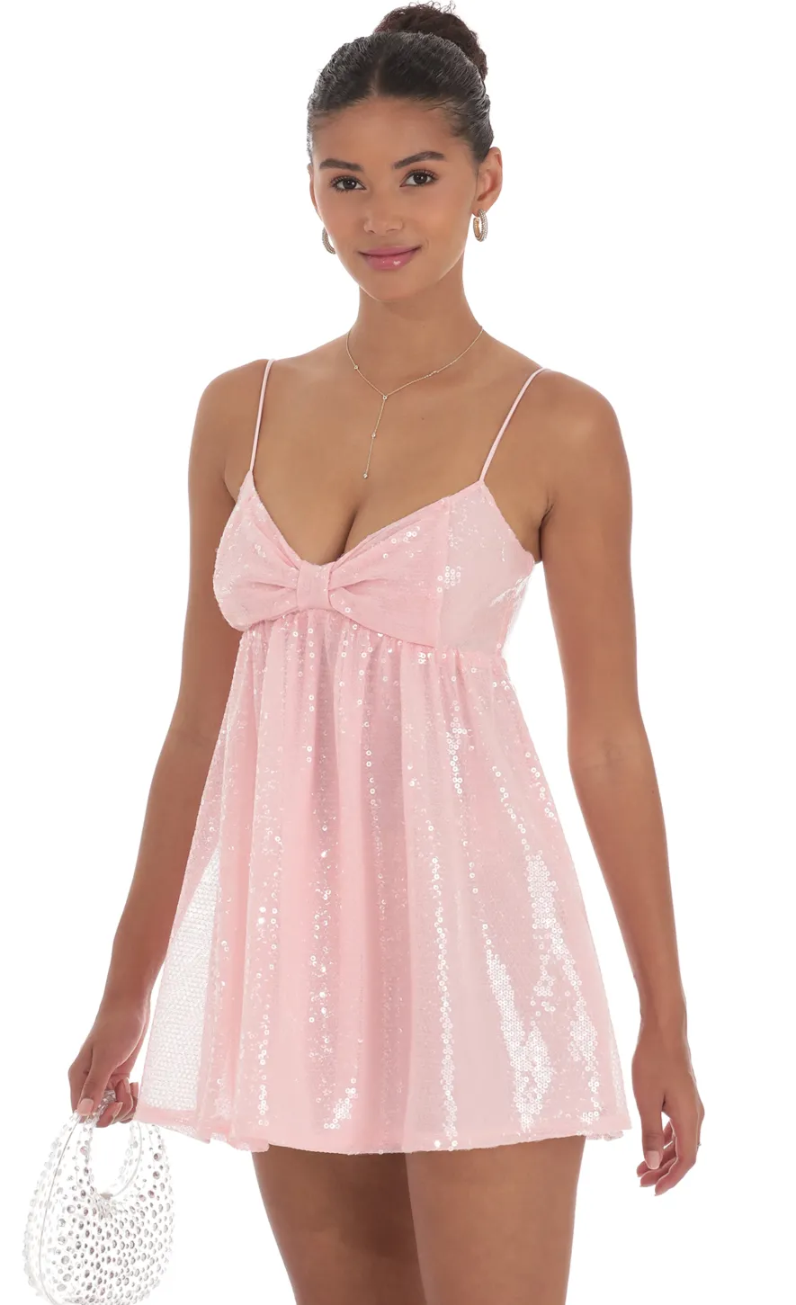 LUCY IN THE SKY Mini Dresses^Sequin Front Bow Babydoll Dress In Pink