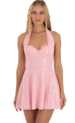 LUCY IN THE SKY Mini Dresses^Sequin Halter Fit And Flare Dress In Pink