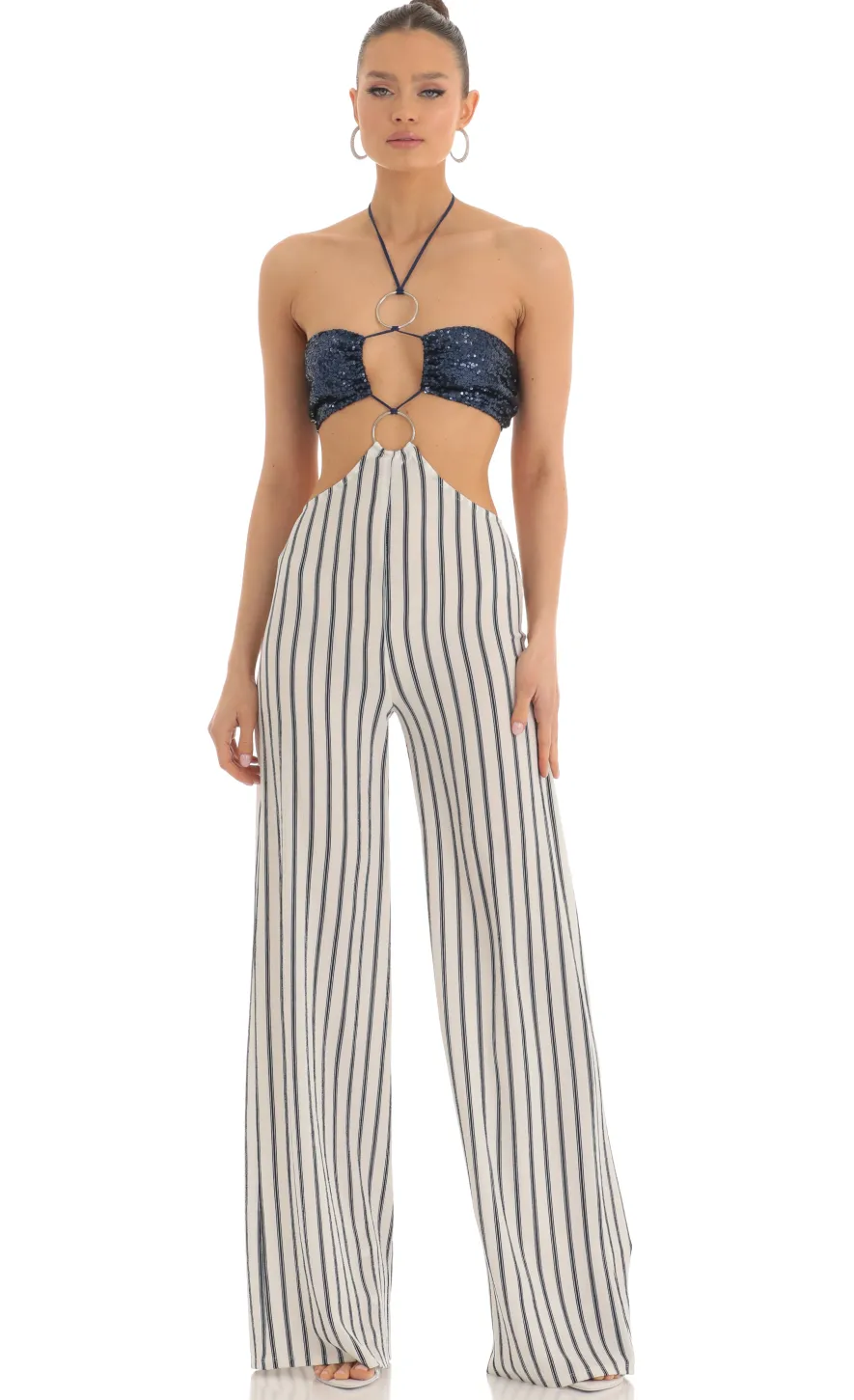 LUCY IN THE SKY Jumpsuits^Sequin Halter Striped Jumpsuit In White And Navy