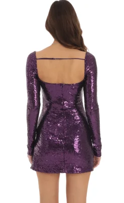 LUCY IN THE SKY Mini Dresses^Sequin Long Sleeve Bodycon Dress In Purple