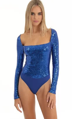 LUCY IN THE SKY Tops|Bodysuits^Sequin Long Sleeve Bodysuit In Blue