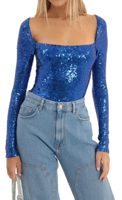 LUCY IN THE SKY Tops|Bodysuits^Sequin Long Sleeve Bodysuit In Blue