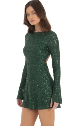LUCY IN THE SKY Mini Dresses^Sequin Long Sleeve Open Back Dress In Green