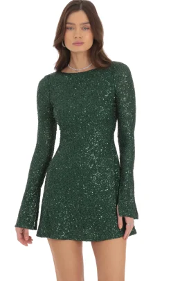 LUCY IN THE SKY Mini Dresses^Sequin Long Sleeve Open Back Dress In Green