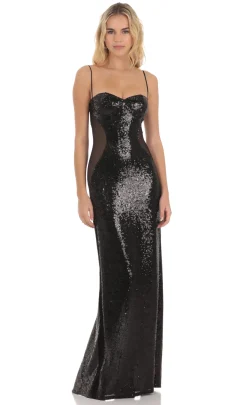 LUCY IN THE SKY Maxi Dresses^Sequin Mesh Side Cutout Maxi Dress In Black