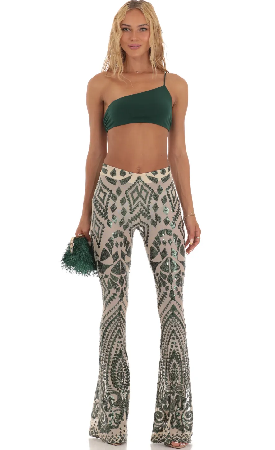 LUCY IN THE SKY Two-Piece Sets|Pants^Sequin One Shoulder Two Piece Set In Green