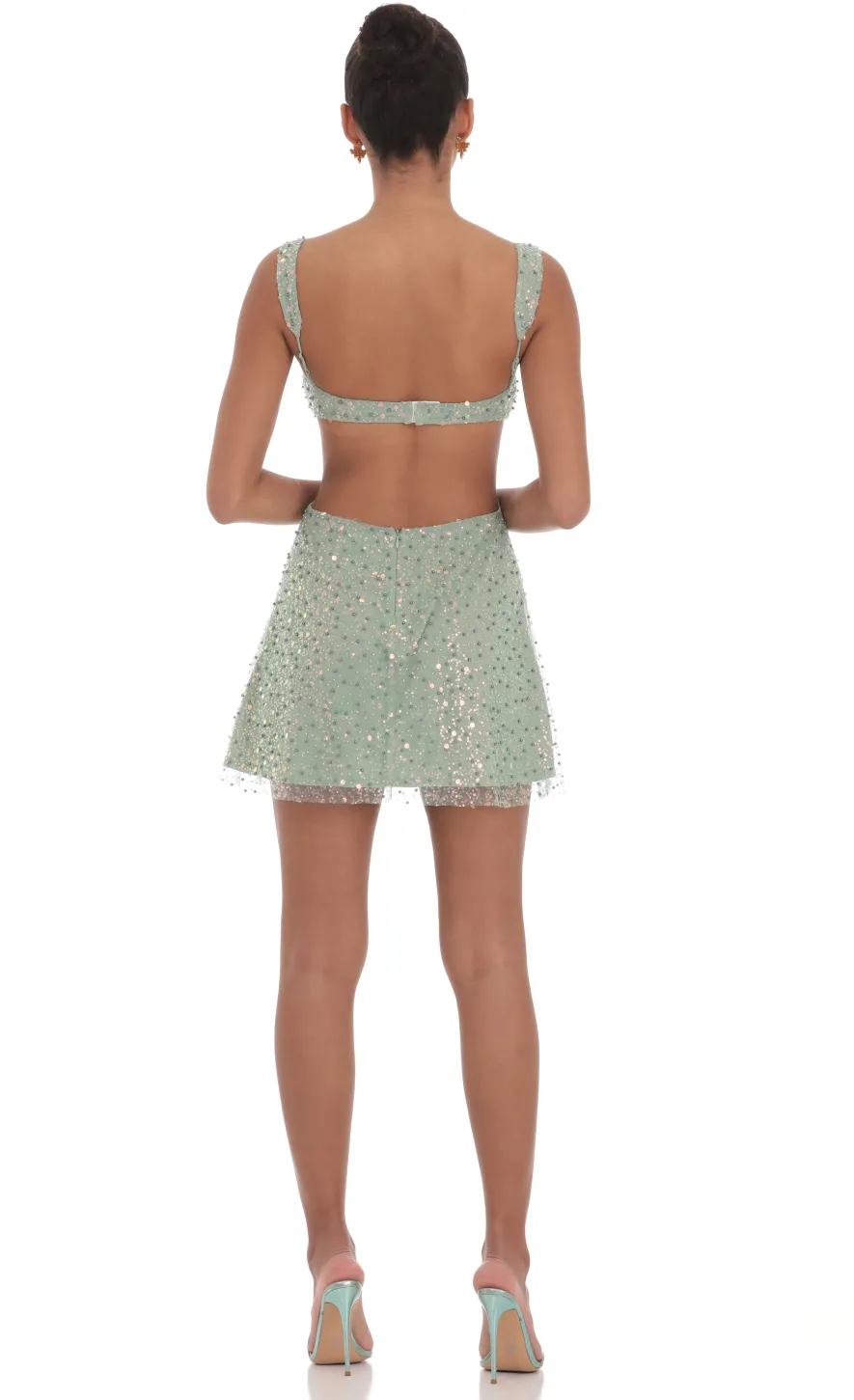 LUCY IN THE SKY Mini Dresses^Sequin Pearl Cutout Dress In Green