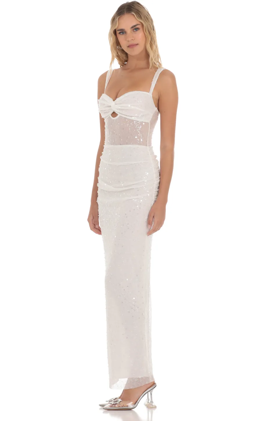 LUCY IN THE SKY Maxi Dresses^Sequin Pearl Twist Ruched Maxi Dress In White