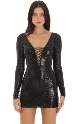 LUCY IN THE SKY Mini Dresses^Sequin Plunge Neck Dress In Black