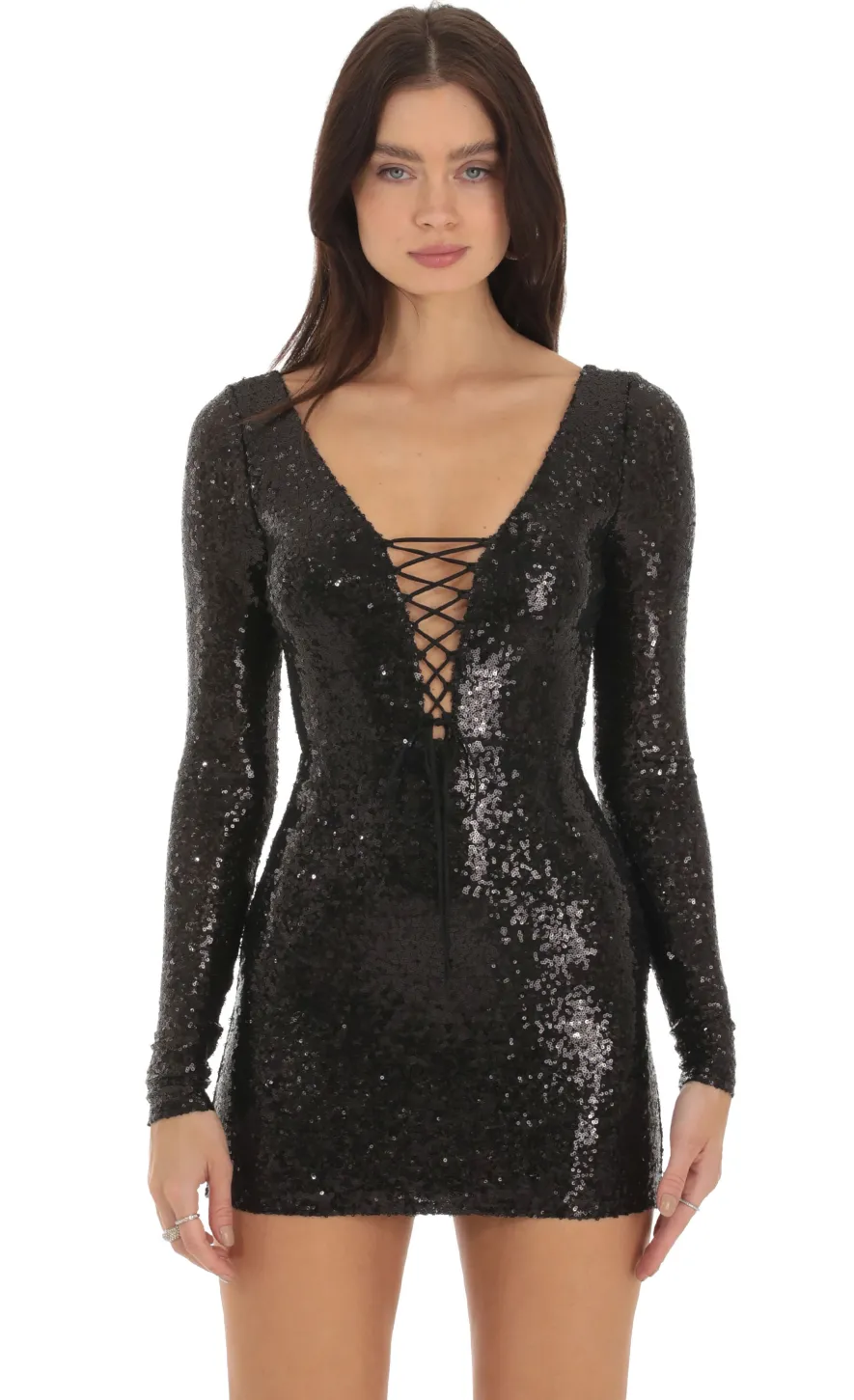 LUCY IN THE SKY Mini Dresses^Sequin Plunge Neck Dress In Black