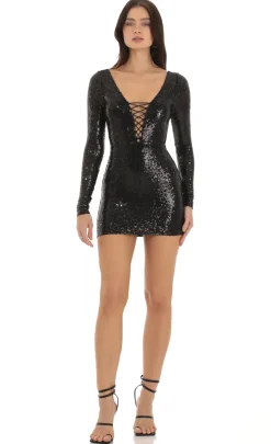 LUCY IN THE SKY Mini Dresses^Sequin Plunge Neck Dress In Black