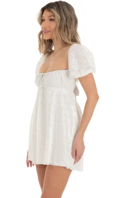 LUCY IN THE SKY Mini Dresses^Sequin Puff Sleeve Baby Doll Dress In White