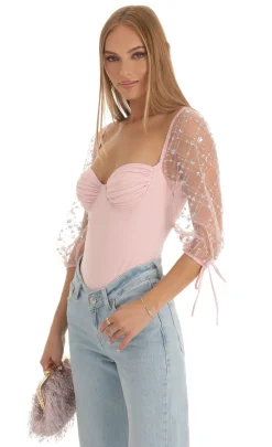 LUCY IN THE SKY Bodysuits^Sequin Puff Sleeve Bodysuit In Pink