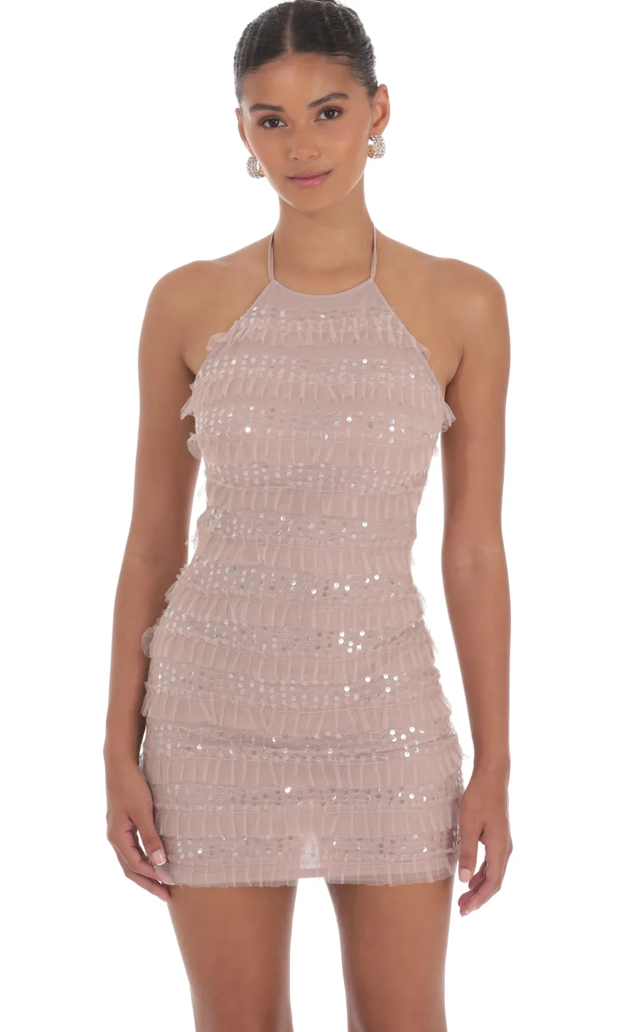 LUCY IN THE SKY Mini Dresses^Sequin Ruffle Halter Bodycon Dress In Mauve