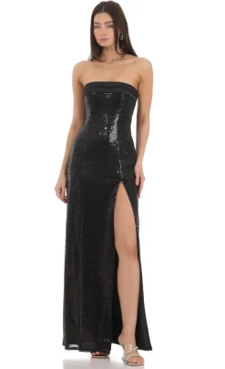 LUCY IN THE SKY Maxi Dresses^Sequin Satin Back Tie Maxi Dress In Black