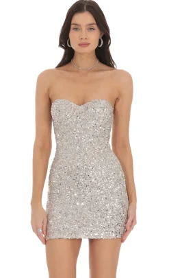 LUCY IN THE SKY Mini Dresses^Sequin Strapless Bodycon Dress In Silver