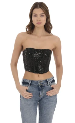 LUCY IN THE SKY Tops^Sequin Strapless Corset Top In Black