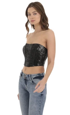 LUCY IN THE SKY Tops^Sequin Strapless Corset Top In Black