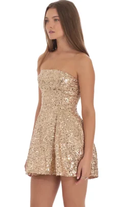 LUCY IN THE SKY Mini Dresses^Sequin Strapless Fit And Flare Dress In Gold