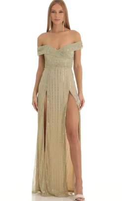 LUCY IN THE SKY Maxi Dresses^Sequin Striped Off The Shoulder Maxi Dress In Gold