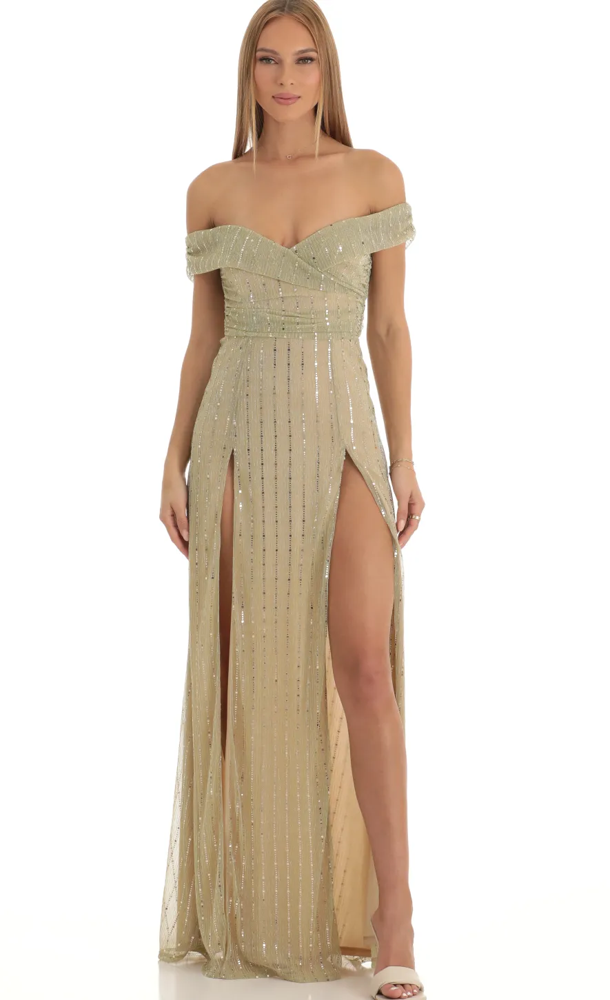 LUCY IN THE SKY Maxi Dresses^Sequin Striped Off The Shoulder Maxi Dress In Gold