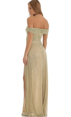 LUCY IN THE SKY Maxi Dresses^Sequin Striped Off The Shoulder Maxi Dress In Gold