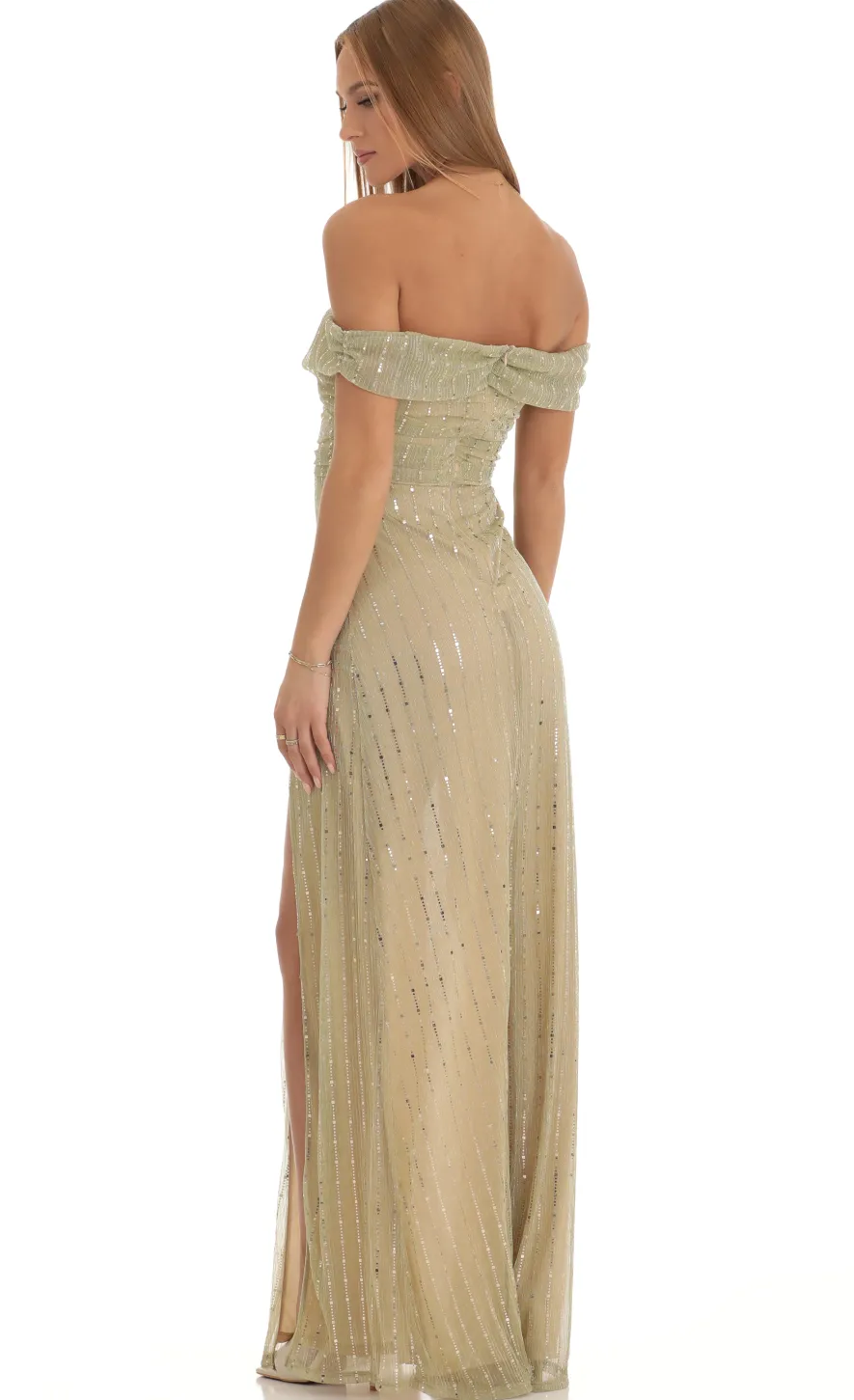 LUCY IN THE SKY Maxi Dresses^Sequin Striped Off The Shoulder Maxi Dress In Gold