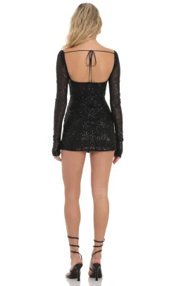 LUCY IN THE SKY Mini Dresses^Sequin V-Neck Long Sleeve Dress In Black