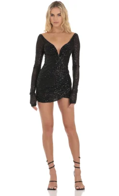 LUCY IN THE SKY Mini Dresses^Sequin V-Neck Long Sleeve Dress In Black