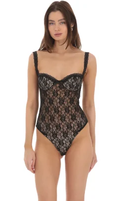 LUCY IN THE SKY Bodysuits^Sheer Lace Bodysuit In Black