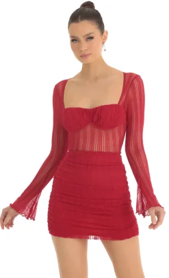 LUCY IN THE SKY Mini Dresses^Sheer Mesh Long Sleeve Dress In Red