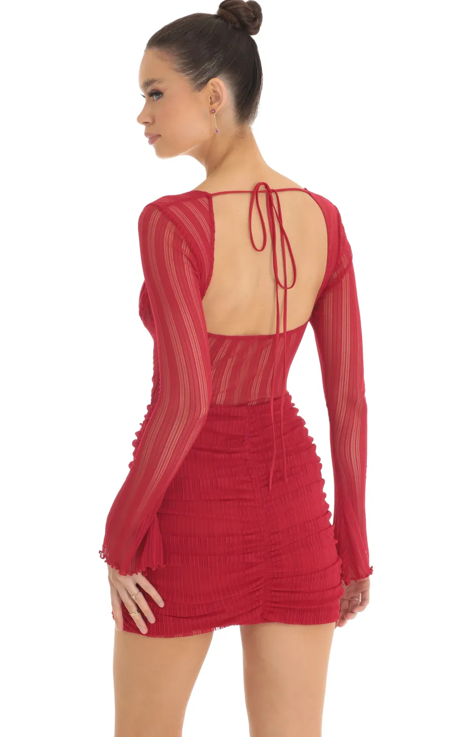 LUCY IN THE SKY Mini Dresses^Sheer Mesh Long Sleeve Dress In Red