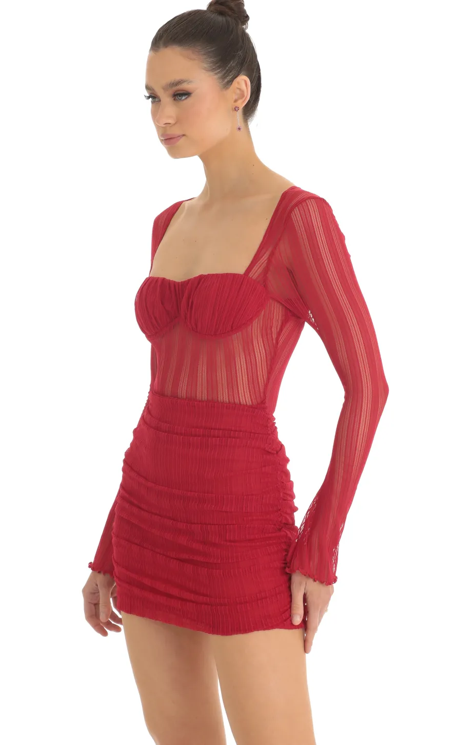 LUCY IN THE SKY Mini Dresses^Sheer Mesh Long Sleeve Dress In Red