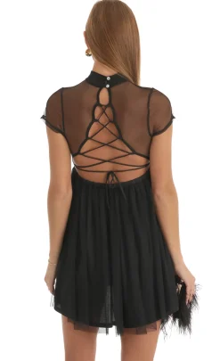 LUCY IN THE SKY Mini Dresses^Sheer Mock Neck Baby Doll Dress In Black